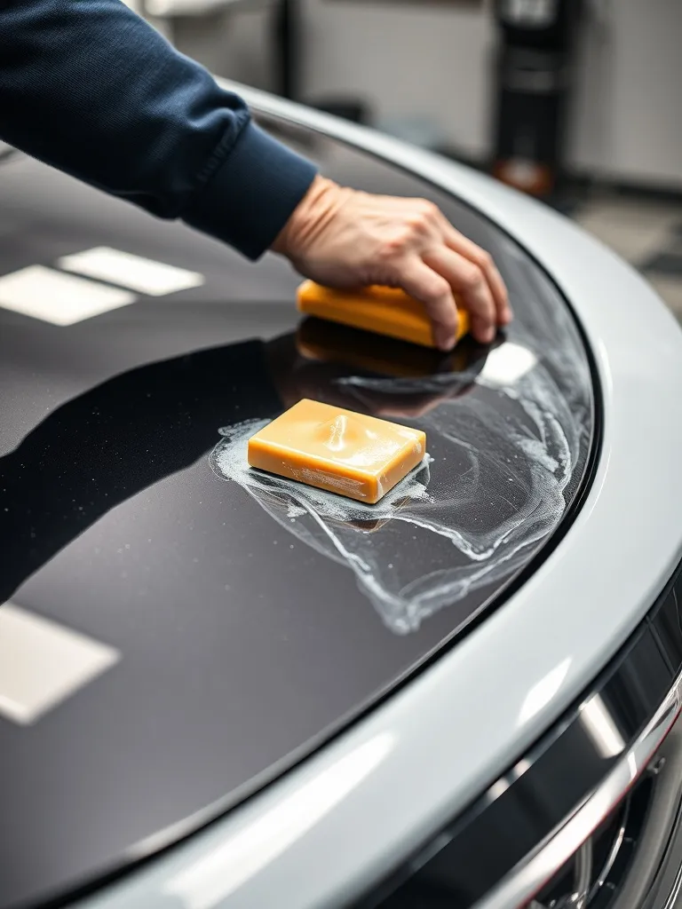 Professional car detailer cleaning a luxury car hood with cl