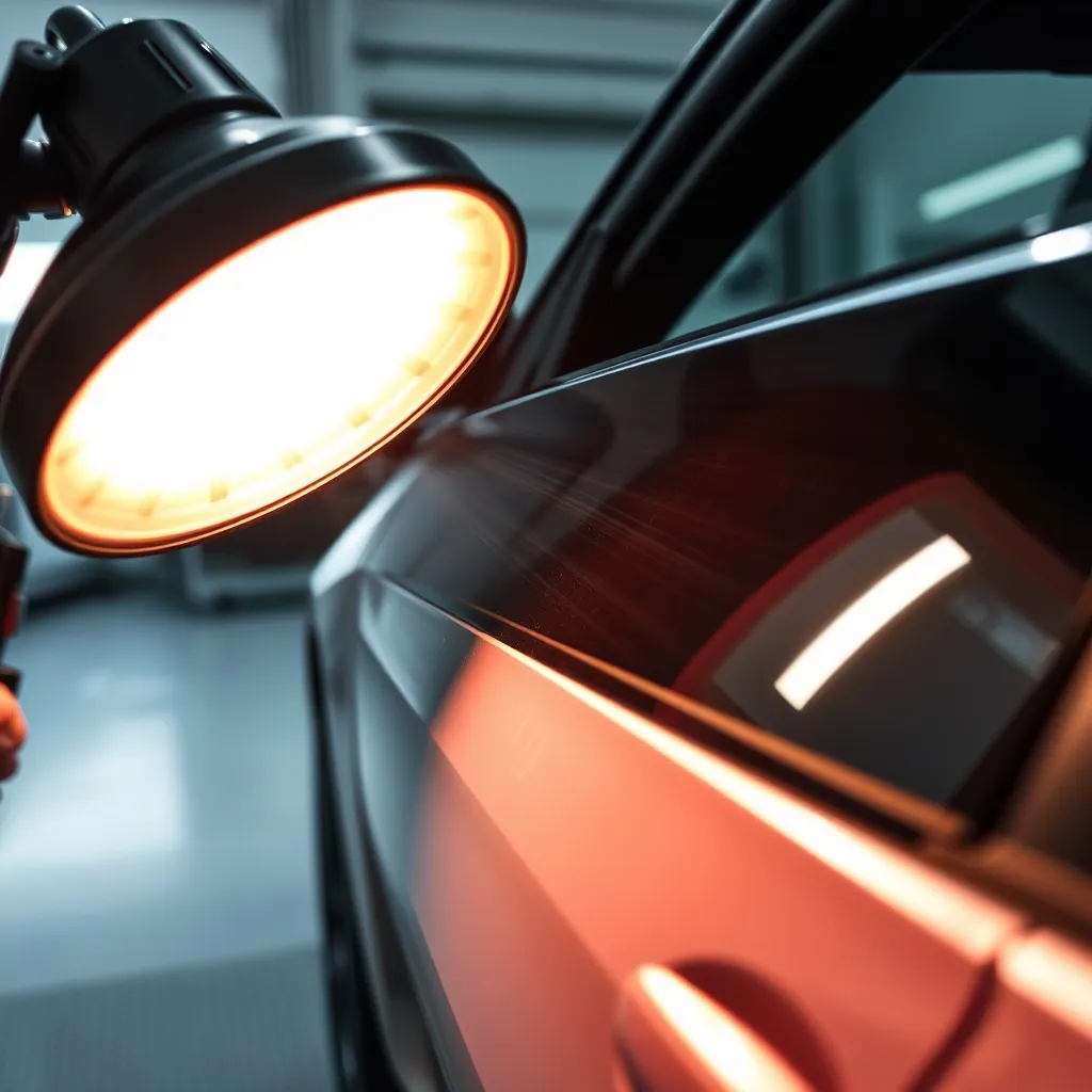 Technical view of an infrared lamp heating a car door panel
