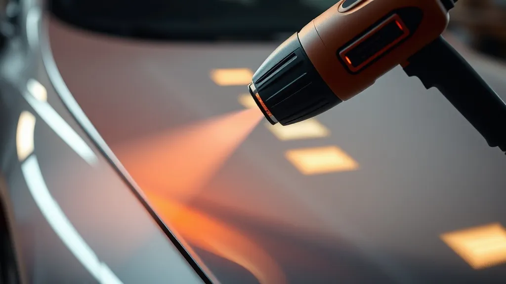Close up of a professional heat gun being used on a car film