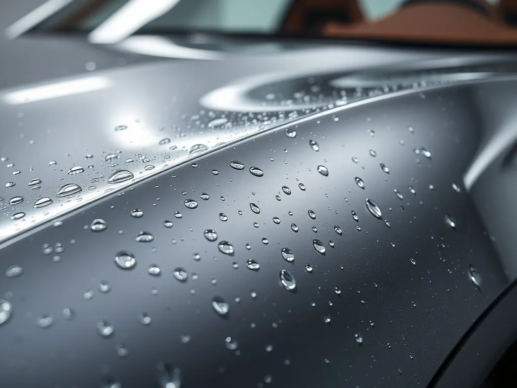 Close up of a luxury car body with water droplets on a prote