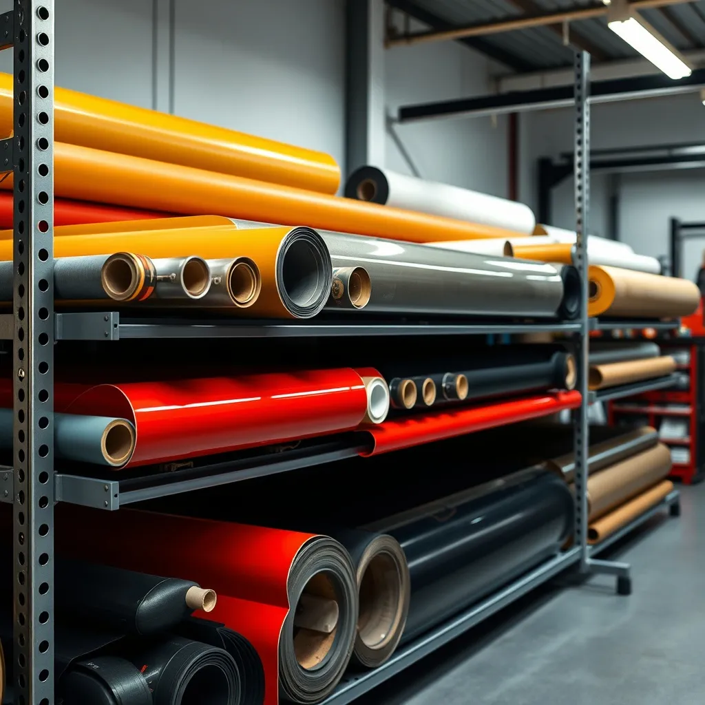 Rolls of automotive grade vinyl and PPF film on a rack in a