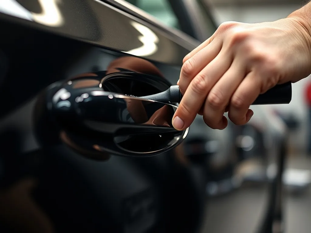Close-up of a professional technician applying black vinyl f