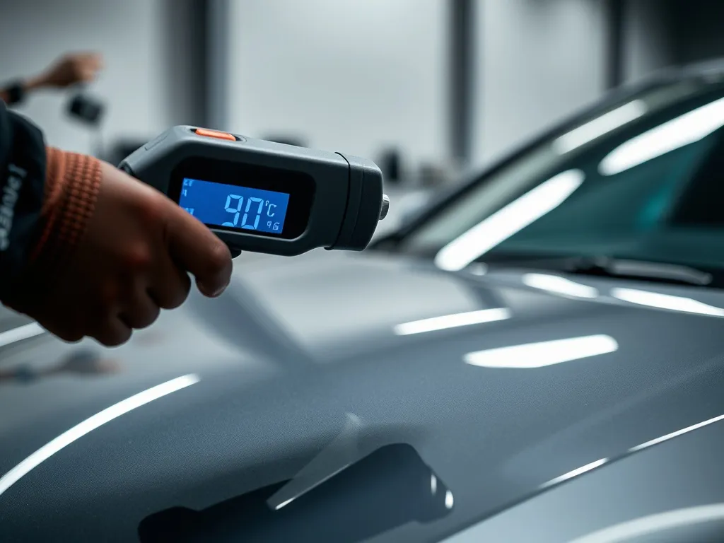 A professional heat gun checking the temperature of a car ho